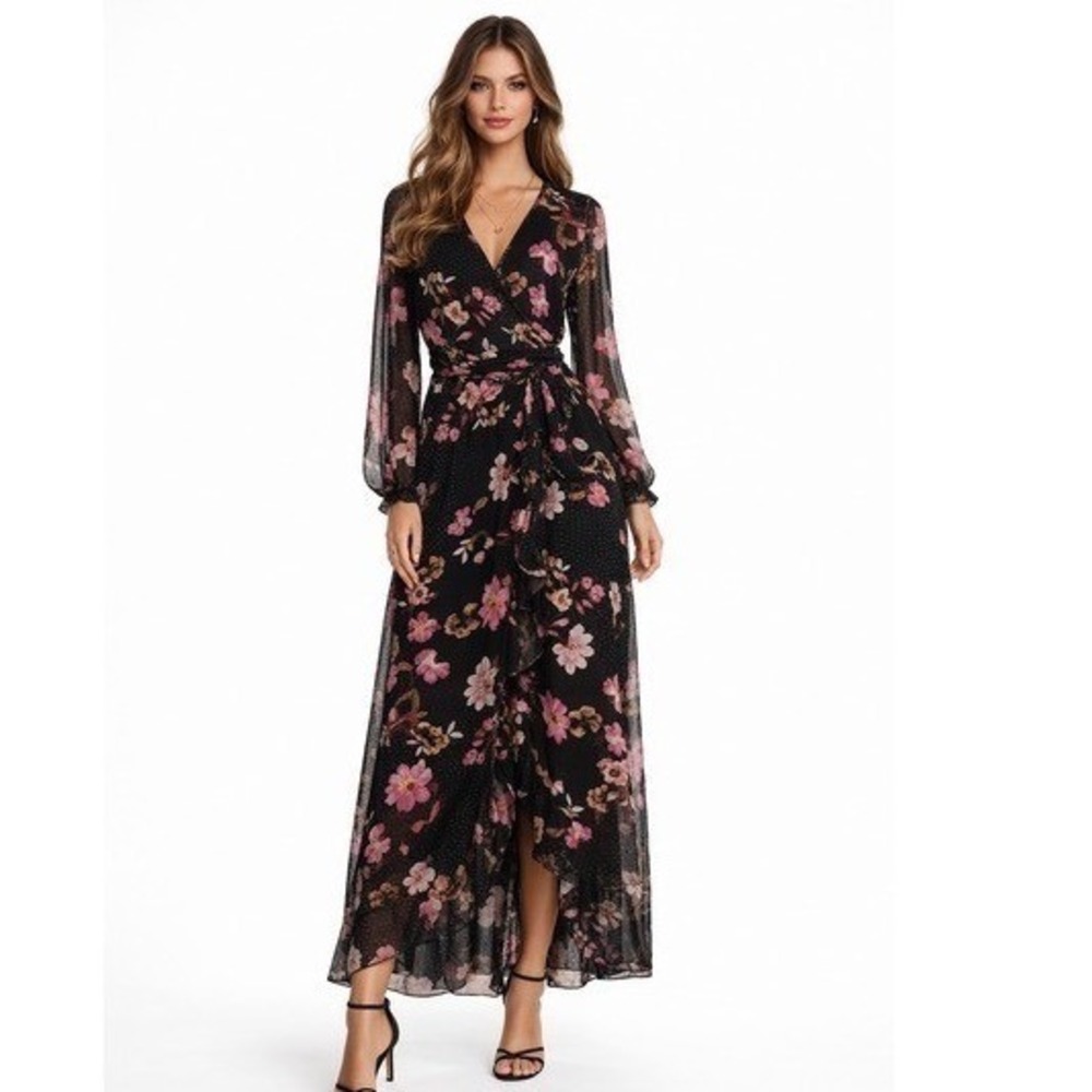 Bandolino Black Floral Maxi Dress Faux Wrap Long Sleeve Chiffon Boho Romantic M